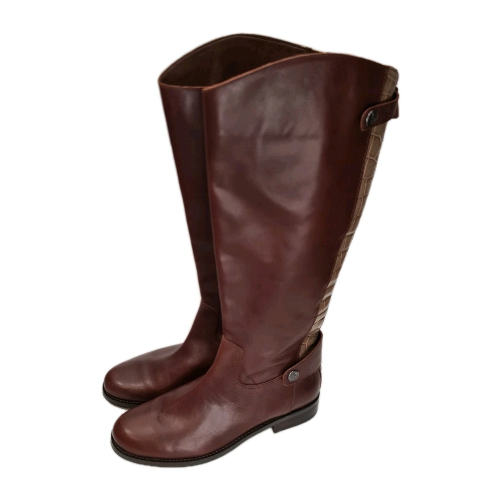 Sam Edelman Women's Mikala Riding Brown‎ Leather Croc Back Print Boots Sz 9 Knee